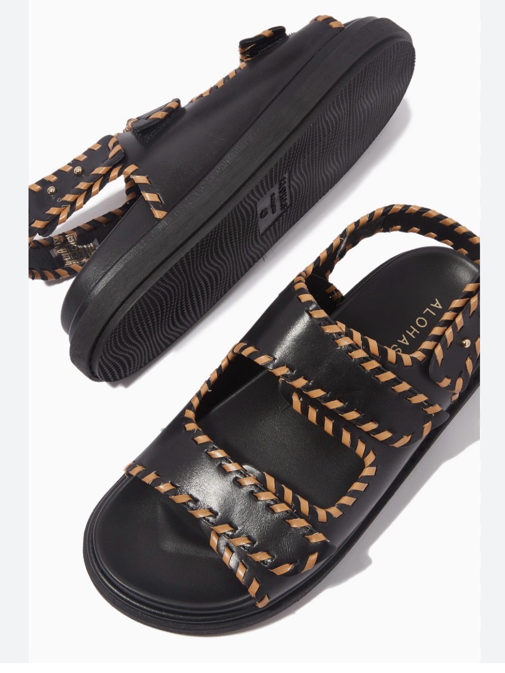 ALOHAS Anthropologie Black Slides with Tan Braid Trim